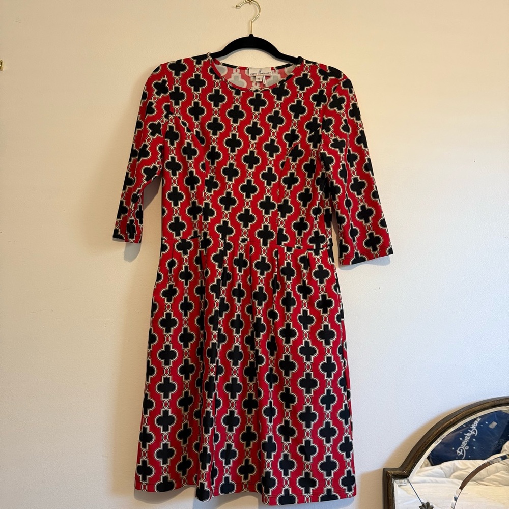 Jude Connally Red and Black Geometric Long Sleeve Dress